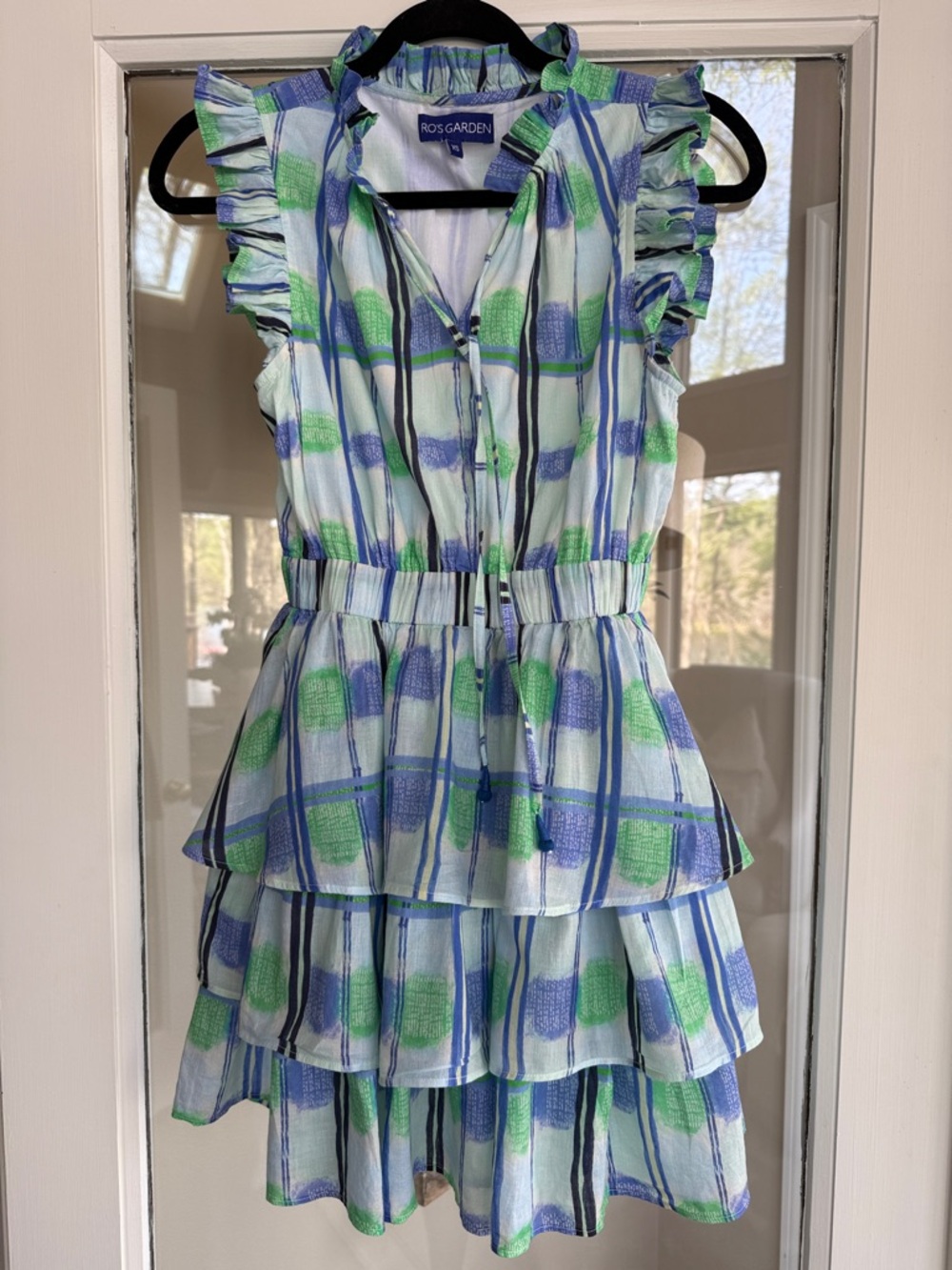 Ros Garden Dress hand blocked print in Blue and Green Plaid Tiered Ruffle Dress.